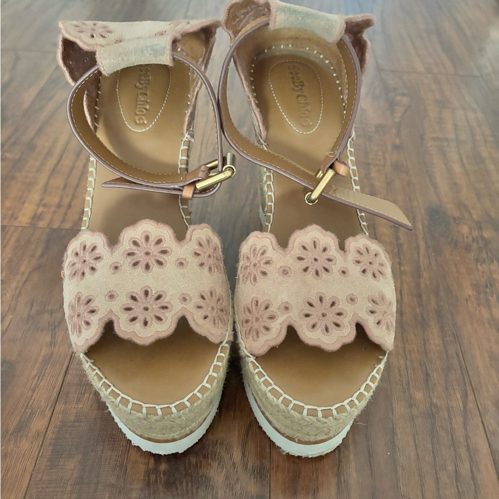 See By Chloe Pink Floral Wedges